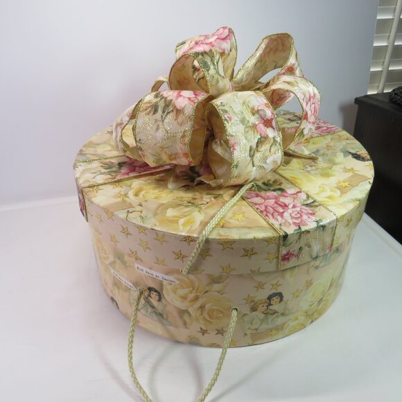 Cherub Angel Hat Box with Wired Ribbon Floral Large Bow 13" - Picture 2 of 11